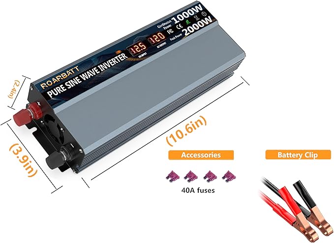 1000W Pure Sine Wave Power Inverter 12V DC to AC 110V 120V Peak Power 2000W with 2 AC Outlets Car Inverter and Dual 3.4A USB Port Cooling Fans and LCD Display for Inverter Home RV Car Solar System