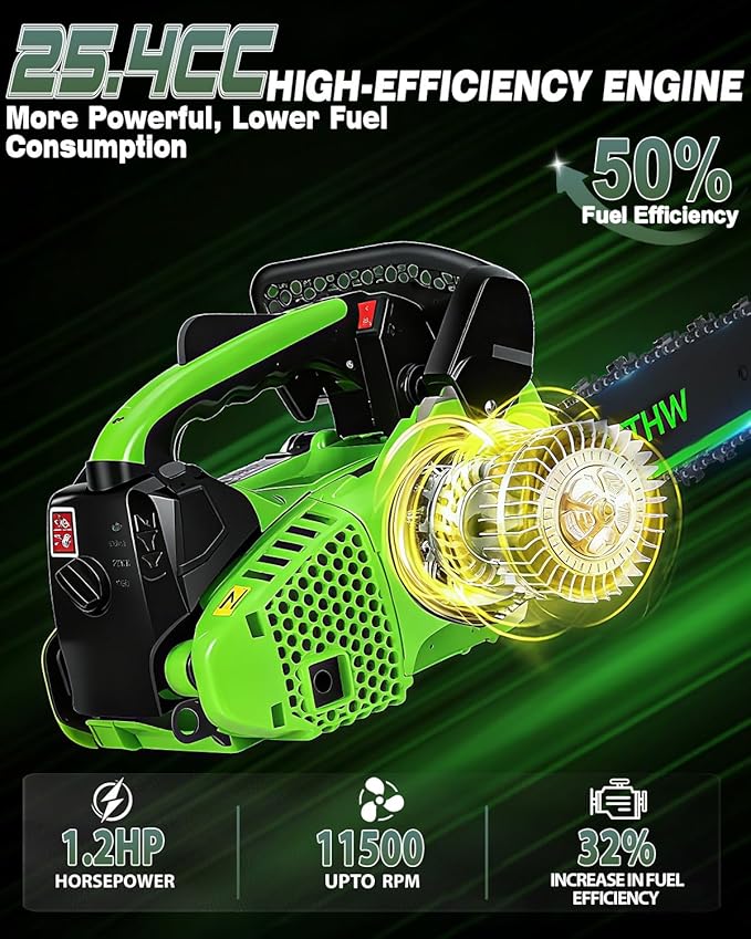 25.4CC Gas Powered Chainsaw 12 Inch, Lightweight Top Handle Handheld Chainsaw with Quenched Chain, Auto Lubrication, Safety Lock & Quick Stop for Tree Wood Cutting