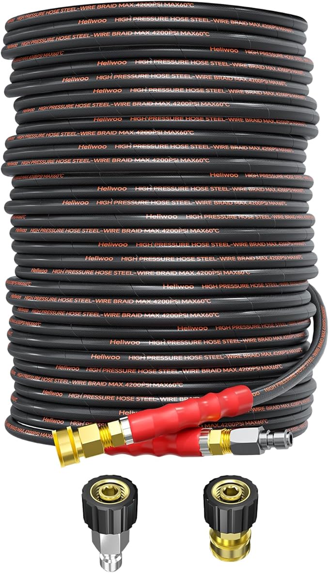 Pressure Washer Hose 125FT, 4200PSI High Tensile Wire Braid Kink Resistant Power Washer Extension Hose, 1/4" Flexible Replacement Hose with M22-14mm Brass Swivel Thread and 3/8 Quick Connect