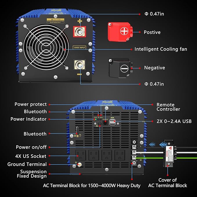VOLTWORKS 4000W Pure Sine Wave Power Inverters 12V DC to 110V 120V AC with Bluetooth APP 4AC Outlets AC Terminal Blocks Remote Controller Compatible with Lithium Battery for Off-Grid Solar Home RV Car