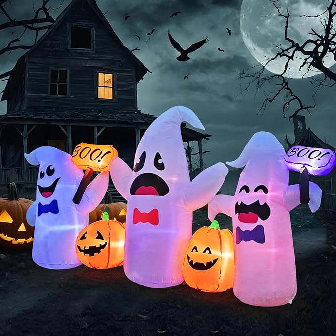 8FT Long Halloween Inflatable Ghosts and Pumpkins, 3 Blow Up Ghosts Inflatables with 2 Pumpkin Built-in LED Lights for Halloween Party Yard Garden Lawn Decorations