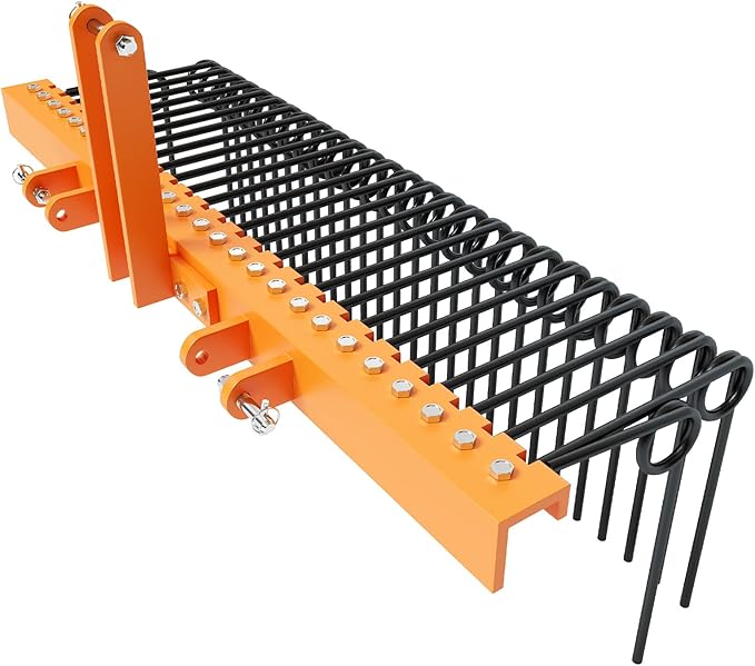 60" Durable Powder Coated, Steel Pine Grass Rake, Steel Spring Landscape Rake, Cat 0 Cat 1 Attaches to Tractor, 3-Point Hitch, Black + Orange