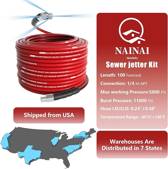 NaiNai 100FT Sewer Jetter Kit for Pressure Washer,1/4 Inch NPT Sewer Jetting Hose,Pressure Washer Drain Cleaner Hose 5800PSI with Sewer Jetter Nozzles, Gloves, Waterproof Tape, Apron (100FT)