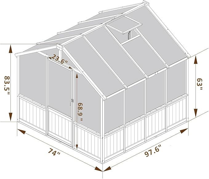 Greenhouse for Outdoor, 6x8ft-8x12ft Wooden WAK-in Greenhouse Kitwith 6MM Thick Polycarbonate Panel, Lockable Door & Adjustable Roof Vent ，Backyard Garden ﻿ (Light Mocha Brown, 6x8 FT)