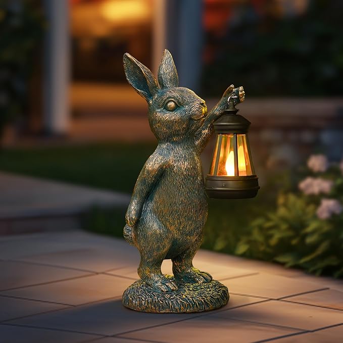 MININOVA Rabbit Garden Statues with Solar Lantern Bunny Outdoor Resin Sculpture for Patio Yard Lawn Decorations Gifts for Mother’s Day Housewarming Christmas