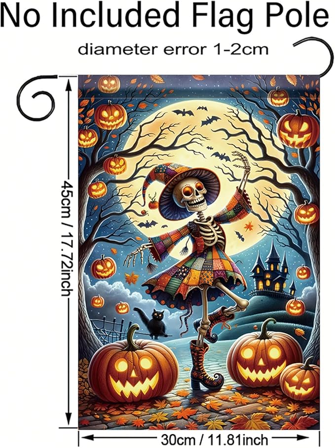 Halloween Garden Flag Skeleton Witch Pumpkin Flag 12x18 Inch Double Sided Fall Halloween Outdoor Decoration Haunted House Party Decor Seasonal Autumn Yard Banner for Home Lawn Patio