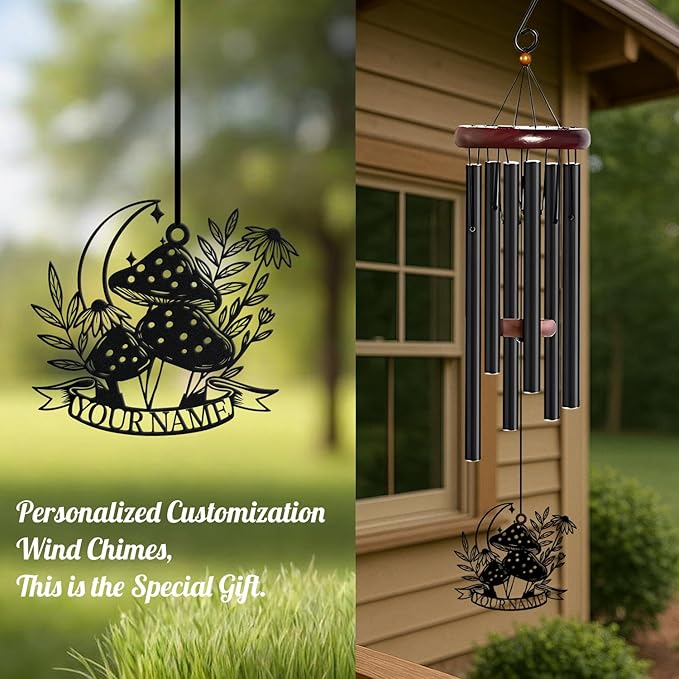 Personalized Customize Name Fantasy Mushroom Wonderland Wind Chime, Metal Iron 37 Inch Outdoor Memorial Gift for Garden Yard Patio Home Decor, Black (Style D)