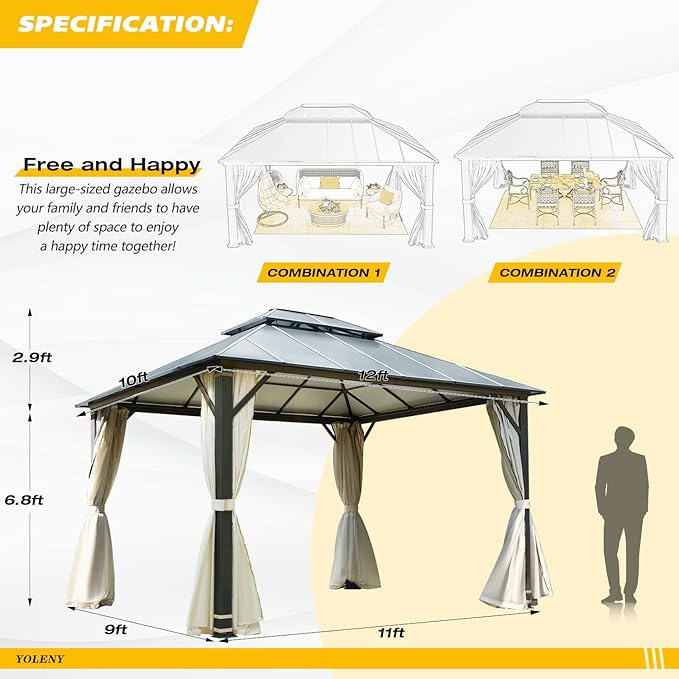 YOLENY 10' x 12' Hardtop Gazebo, Permanent Outdoor Aluminum Patio Gazebo with Aluminum Composite Double Roof for Patio Lawn and Garden, Curtains and Netting Included