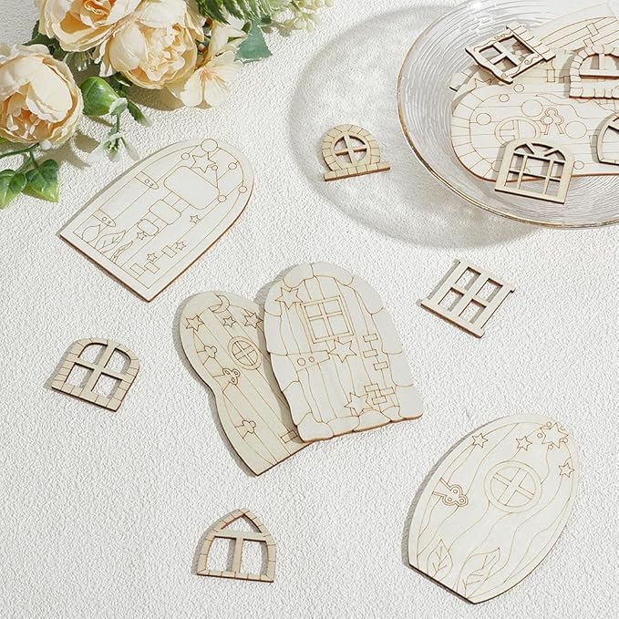 128 Pcs Fairy Doors, 16 Styles Wooden Miniature Garden Door Unfinished DIY Blank Windows for Miniature Fairy Room Decorations