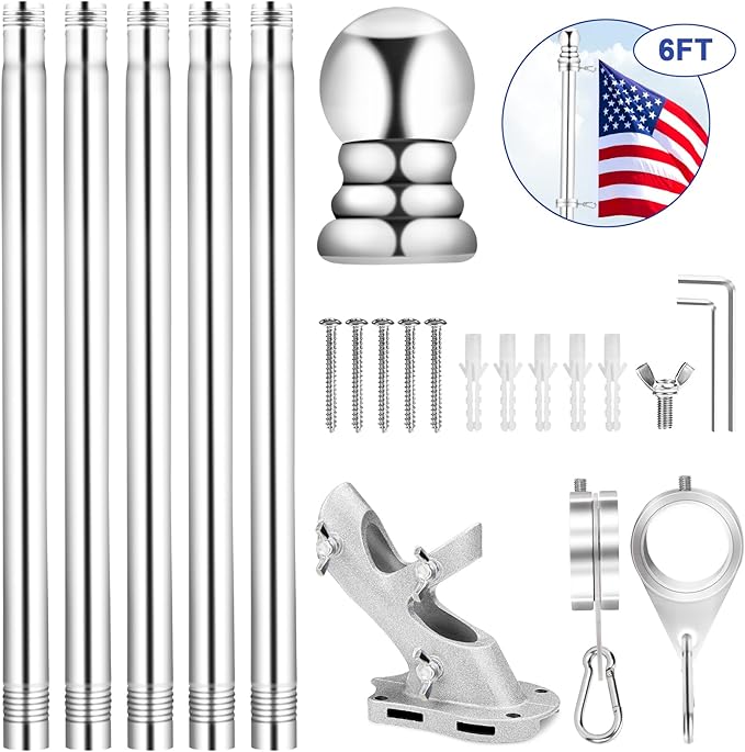 REERON Flag Pole for House, 6 FT Stainless Steel Spinning Flag Pole Kit, 1" Rustproof Porch Flagpole with 360° Tangle Free Metal Flagpole Rings & 2-Position Bracket for Outdoor Sport for 3x5 Flags