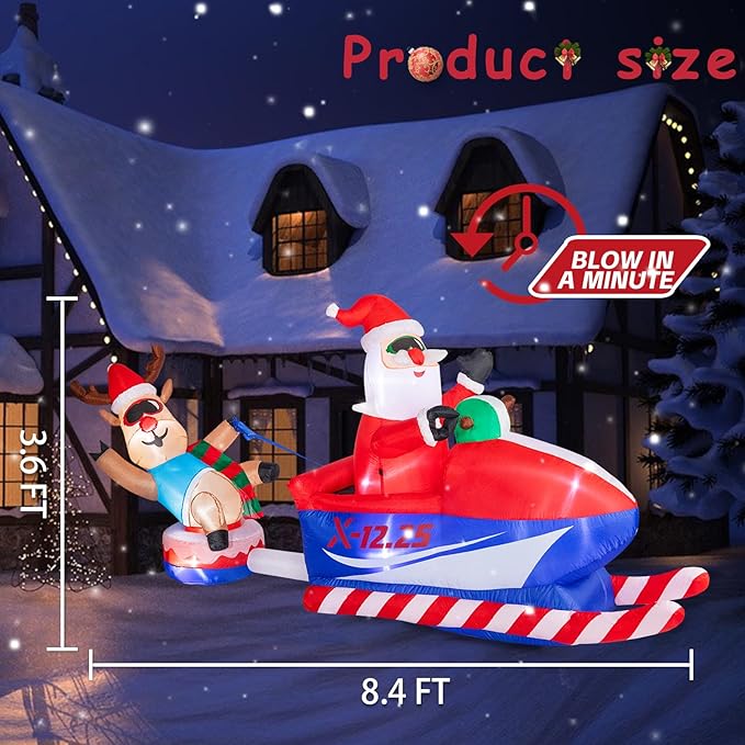 8.5 FT Christmas Inflatables Outdoor Decorations, Funny Christmas Inflatables Santa Claus and Elk Sits on a Snowmobile Blow Up Yard Decorations with Built-in Lights for Yard Lawn Garden Party Decor