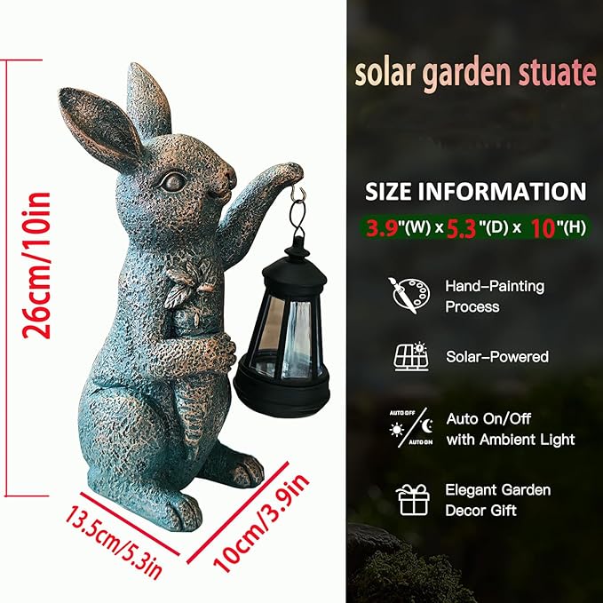 Solar Garden Statues -Rabbit Lantern Outdoor Handmade Resin Statue with LED Light, Cute Carrot Holder for Patio, Yard, Gift Ideas (rabbit2)