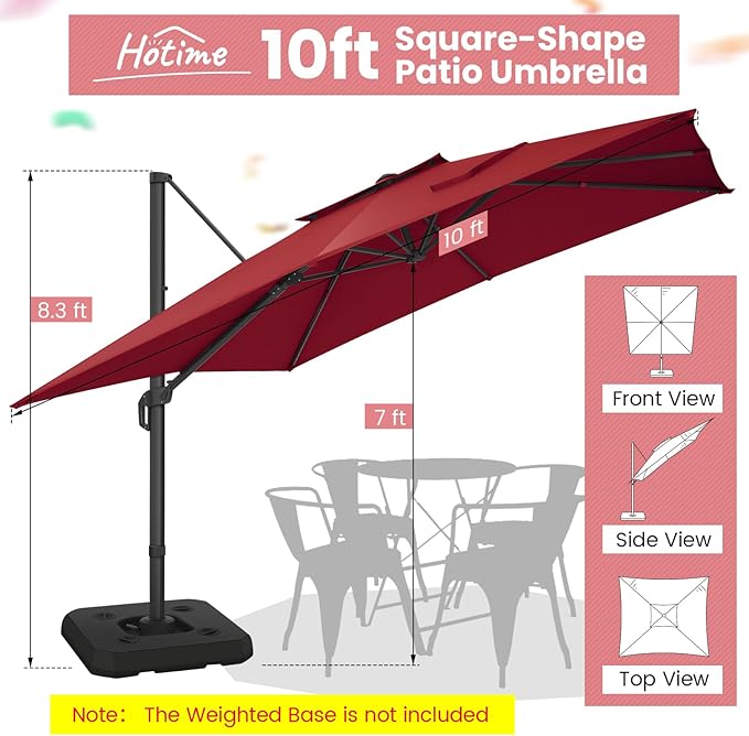 Hotime 10ft Cantilever Umbrella Outdoor Patio Umbrella Windproof Heavy Duty Double Top Offset Patio Umbrella Cantilever Pool Umbrella with 360°Rotation for Garden Deck Pool, Wine Red