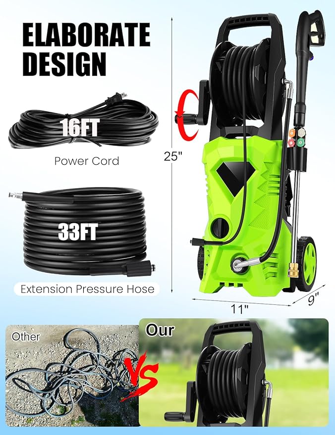 5000PSI Pressure Cleaner - 2025 New Power Cleaner with Upgraded 33ft Pressure Cleaner Hose Reel, Foam Cannon, 4 Nozzle Set, Power Cleaner for House/Patios/Car/Fence, Green