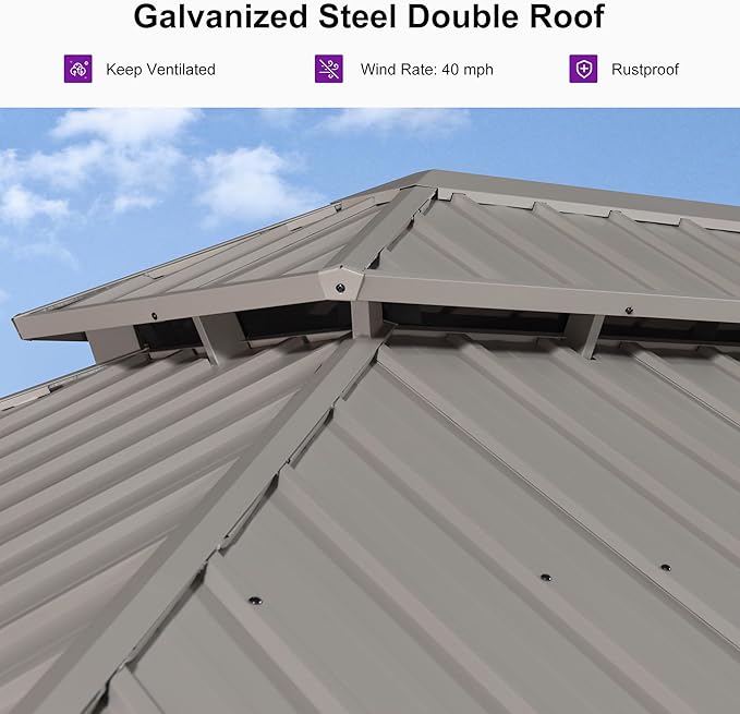 PURPLE LEAF 10' x 14' Outdoor Hardtop Gazebo with 7 Pieces Outdoor Dining Set, Champagne Aluminum Gazebo with Galvanized Steel Double Roof, Curtains and Netting for Patio Lawn and Garden