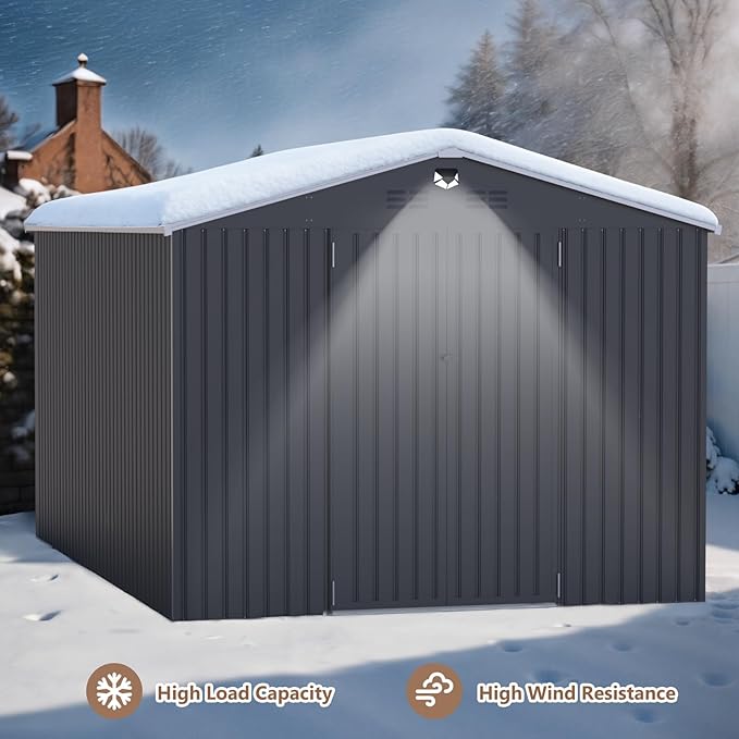 10x14 FT Outdoor Storage Shed, Metal Garden Shed - Tool Storage Sheds with Lockable Doors, Waterproof Outside Storage Building for Backyard, Patio (Black; Floor Not Included)