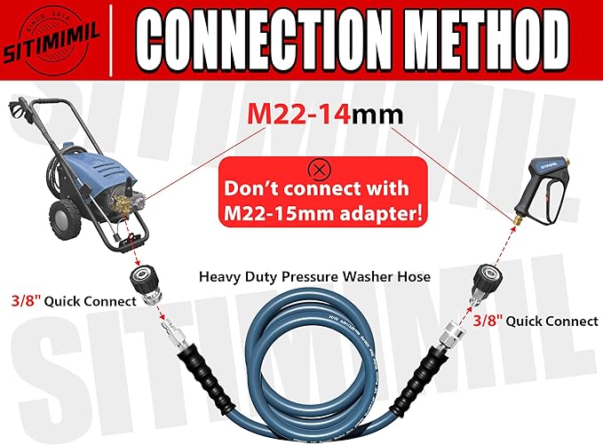3/8'' Pressure Washer Hose 50FT - Kink Resistant Steel Wire Braided, Wear Resistant, 3/8" Stainless Steel Quick Connect, with M22 14mm Adapter Set, Hot and Cold Water Power Washer Hose, 4200 PSI