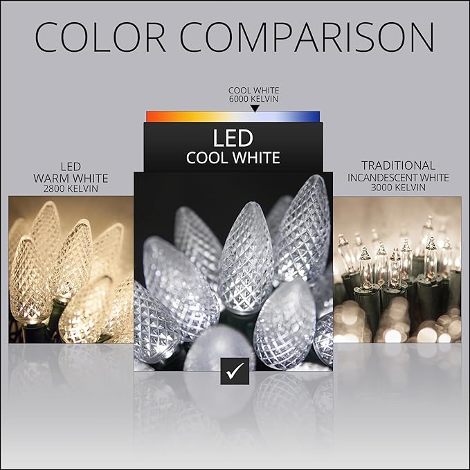 C9 LED Faceted Cool White Prelamped Light Set, Green Wire - 25 C9 Cool White LED Christmas Lights, 8" Spacing