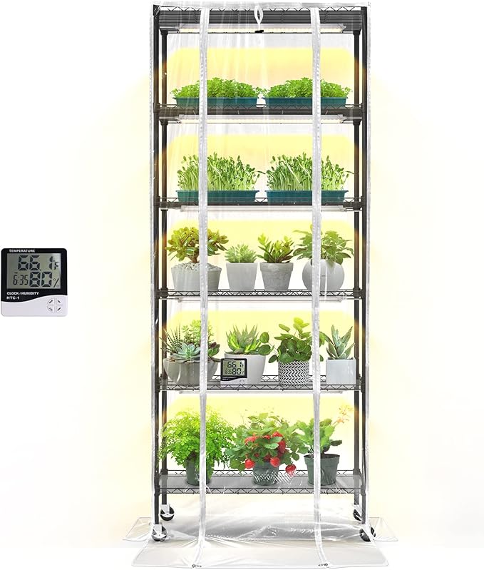 Bstrip Indoor Greenhouse with Grow Light, DIY Plant Shelf with Cover, 6 Tier Plant Stand, 5 Pack 150W Full Spectrum Grow Lights with 3 Color Mode For Indoor Plants, Seed Starting, 29.5"L×13.8"W×71"H
