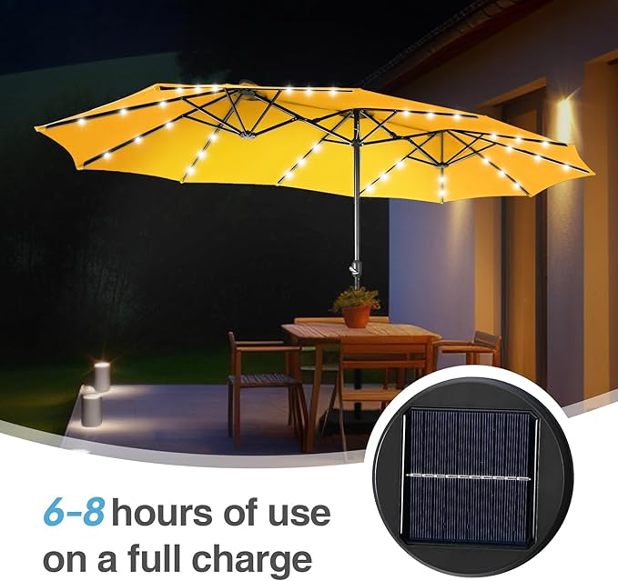 GREEN PARTY 15 ft Rectangle Patio Umbrella with Solar Lights and Base Included, Double-Sided Market Table Umbrella with Crank, Large Outdoor Umbrellas for Patio Poolside Garden Backyard, Gold Yellow