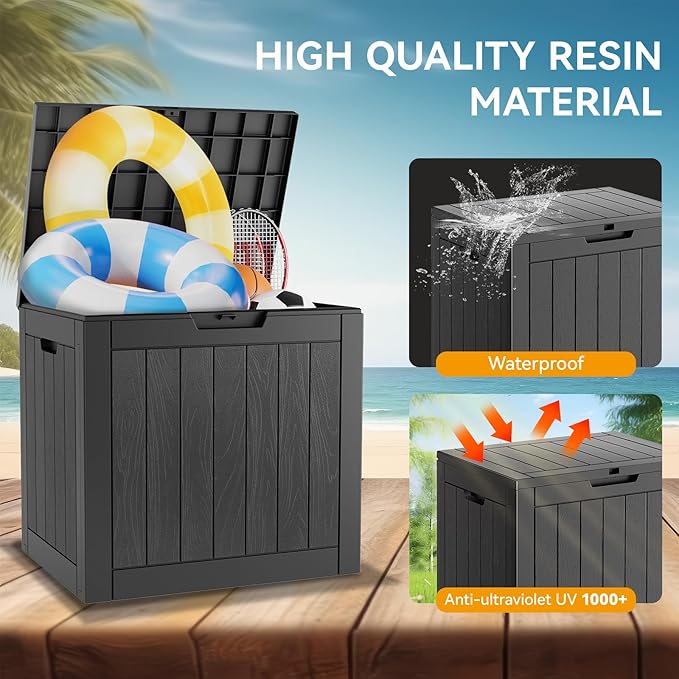 NUNU LAB Outdoor Storage Box, 32 Gallon Deck Box Indoor Outdoor Storage Bin, Waterproof Resin Patio Storage Box for Garden Tools, Package Delivery, Pool Accessories Lockable