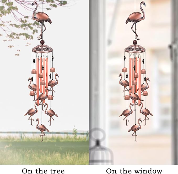 Outdoor Flamingo Wind Chimes Decor Gifts for Mom, Home, Garden, Rooms, Patio, Indoor, Outdoor Flamingo Decoration, Garden Flamingos Wind Catcher, Flamingo Wind Bells, Red Copper Flamingos Wind Chimes