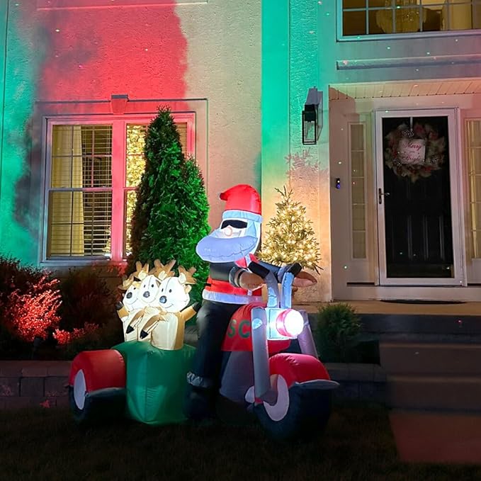 Fraser Hill Farm 6-Ft. Tall Santa on Motorcycle with Reindeer Sidecar Blow Up Inflatable with Lights, Outdoor Christmas Inflatable Decoration for Lawn and Yard, Giant Festive Holiday Decor
