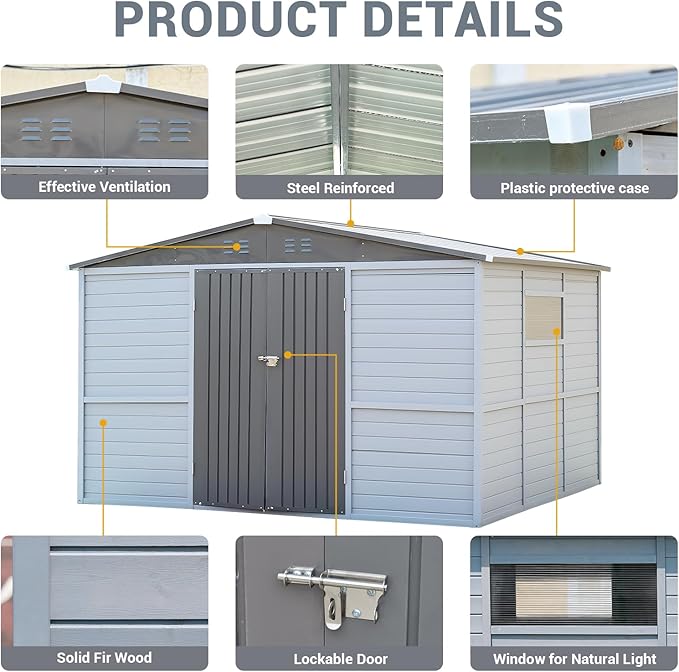 Galvanized Steel Frame & Solid Fir Wood Wall Shed | 8x10ft Outdoor Storage Shed with 10-Grade Waterproof Roof & 9-Level Wind Resistance, Lockable Double Doors & Windows for Garden, Lawn, Patio