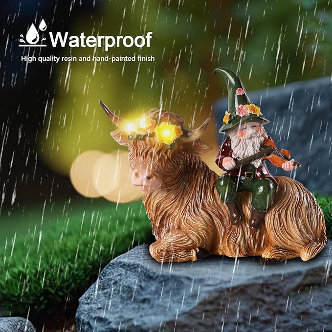 Solar Highland Cow Figurines for Garden with Gnome Playing the Violin 6.7"Resin Garden Gnomes Outdoor Patio Yard Lawn Porch Decor Birthday Housewarming Gifts for Women Mom Grandma Wife Sister Friend