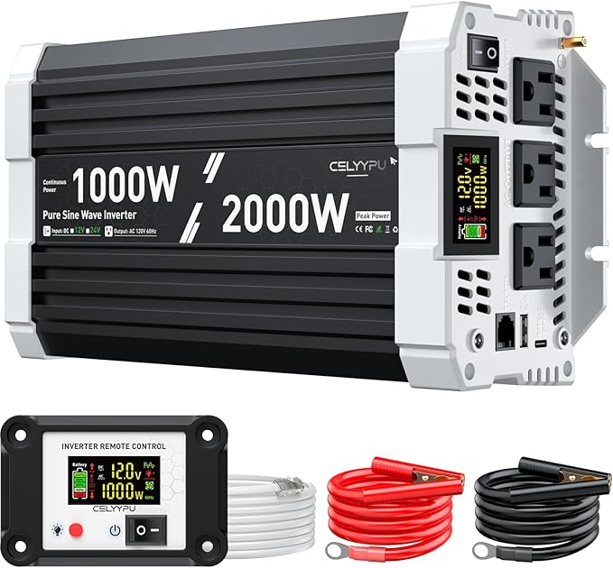 1000 watt Pure sine Wave Inverter, 12V DC to 110V AC Power Inverter, Used for Solar Emergency Power Supply in RV Homes, with 3 AC Output sockets, USB Port, Type-C Port, Remote Control with LCD Screen