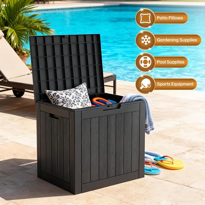 31 Gallon Deck Box, Small Outdoor Storage Box Waterproof, UV-Resistant and Weatherproof Outside Resin Storage Bin for Outdoor Patio Furniture Pillows, Pool Supplies, Garden Tools, Black
