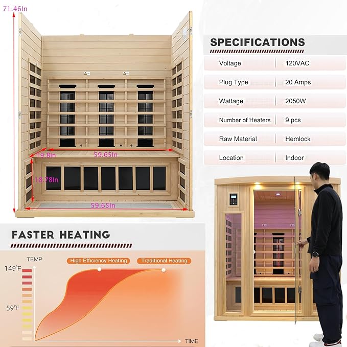Ceramic Infrared Sauna 3 Person, Infrared Saunas for Home, Low EMF Far Infrared Sauna, Indoor Home Sauna Spa, Hemlock Wooden Sauna with Bluetooth Speaker, Chromotherapy Lamp, 2050W