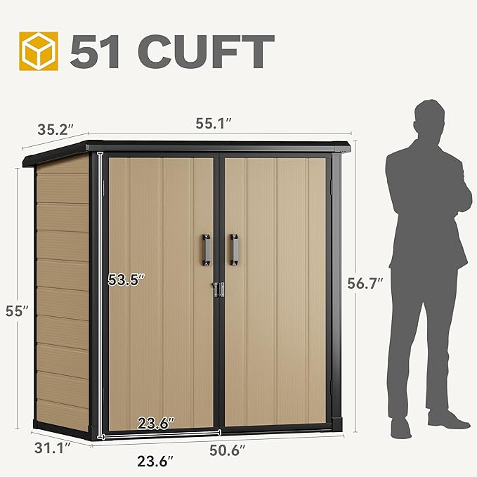 DWVO 51 cuft Outdoor Storage Shed with 2 Shelves, Weatherproof Vertical Tool Shed with Floor & Lockable Doors, Sturdy Double-Wall Plastic Cabinet for Garbage Cans and Garden Equipment (Brown)