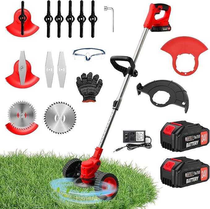 ALSO GO 24V Electric Weed Wacker, Cordless Grass Trimmer, Battery Powered Weed Eater with 2pcs Batteries & Charger, 3 in 1 Brush Cutter/Edger with Wheels for Garden and Yard Lawn