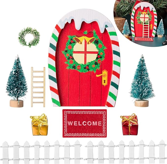 Haooryx 10Pcs Christmas Magic Miniature Tiny Fairy Wooden Doors Decorative Accessories, Welcome to Dollhouse Mini Entry for Fairies Magical Door Christmas Decorations Xmas Decor