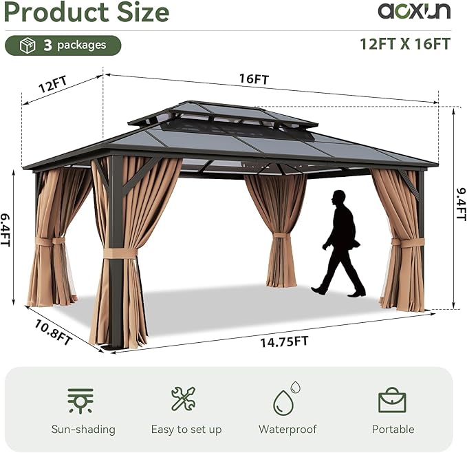 Aoxun 12'x16' Hardtop Gazebo, Aluminum Frame Permanent Pavilion with Netting and Curtains, Outdoor Polycarbonate Double Roof Canopy, Designed for Lawn, Garden, Patio (Khaki)