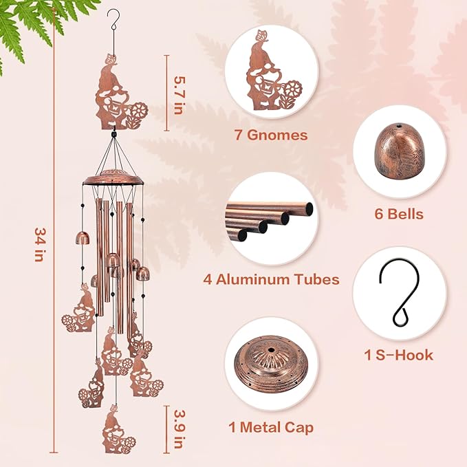 Gnomes Wind Chimes Outdoor Gnomes Gifts for Women/Men/Mom/Wife/Grandma Birthday Gifts Memorial Gift Metal WindChimes for Outside/Indoors, Lawn, Patio, Home, Porch, Yard Decor, Garden Decorations