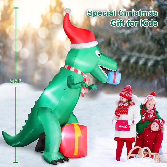 7FT Christmas Inflatables Dinosaur Outdoor Yard Decoration, Christmas Blow Up Giant Dinosaur Holding Gift Boxes with Built-in Bright LED Lights for Xmas Holiday Garden Lawn Yard Party Decor