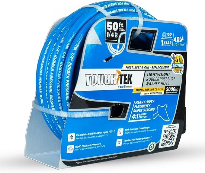 Tough-Tek Rubber Pressure Washing Hose 1/4" x 50' with M22 Coupler – Blue