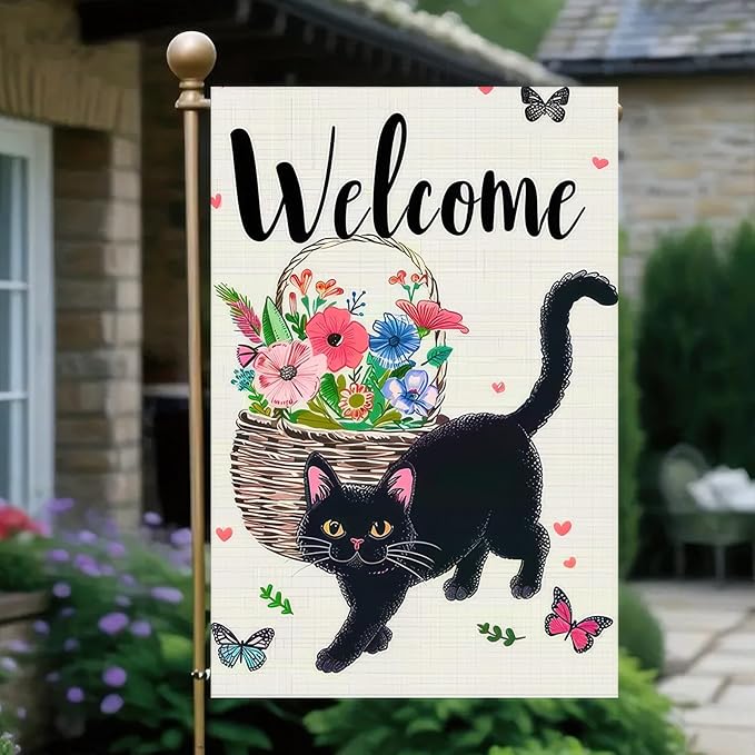 Welcome Cat Garden Flag 12x18 Inch Cute Black Cat Colorful Floral Butterfly Basket Double-Sided Yard Decoration for Outdoor Garden Patio Yard Spring Summer Décor