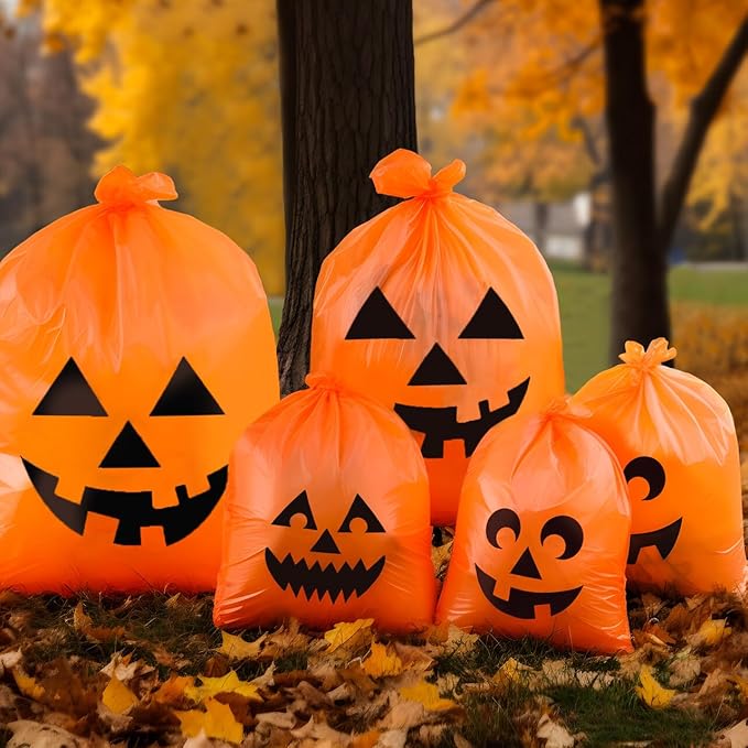JOYIN 6 Pcs Halloween Pumpkin Leaf Bags, Plastic Lawn Bags for Yard Fall Leaf Halloween Decorations, Jack o' Lantern Reusable Trash Bag for Decor Party Favors, Party Supplies