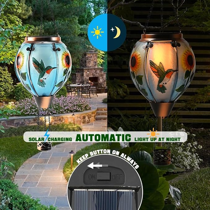 Hot Air Balloon Solar Lantern - Hummingbird Glass Lantern, Simulated Flickering & Dancing Flame, Outdoor Hanging Sunflower Yard Light Waterproof IP65 for Patio Lawn Porch Decor Gift