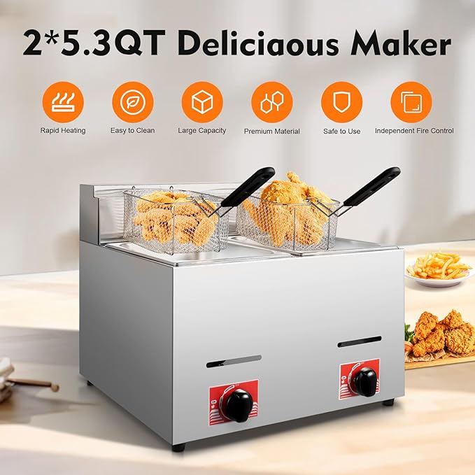 Stainless Steel Deep Fryer with Frying Baskets and Lid, 12.7QT/12L Capacity Countertop Deep Fryer Oil Frying Pot Kitchen Frying Machine Table Snack Fryer Double Cylinder Gas Fryer (LPG)