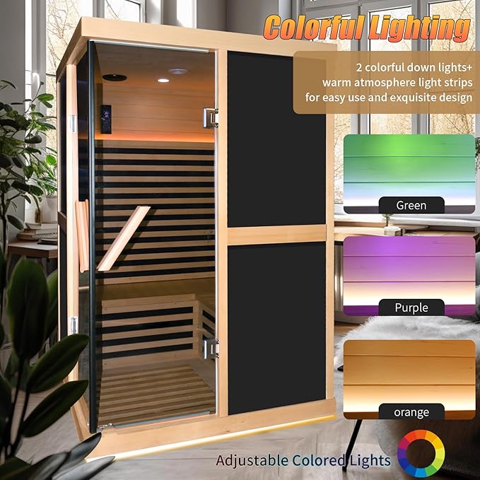 2 Person Infrared Sauna,Far Infrared Home Sauna Room,1980W Light Therapy Lamp Dry Sauna for Home,Canadian Hemlock Indoor Corner Sauna Spa with Bluetooth Speaker,for Unwell Men,Women,Elderly