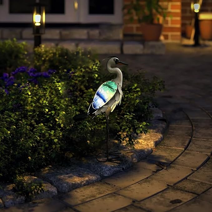 HONGLAND Solar Metal Crane Statue Garden Heron Sculpture, Glass Outdoor Heron Yard Art Coastal Ocean Bird Decor Lawn Ornament for Backyard Porch Patio Decor（24 Inch）