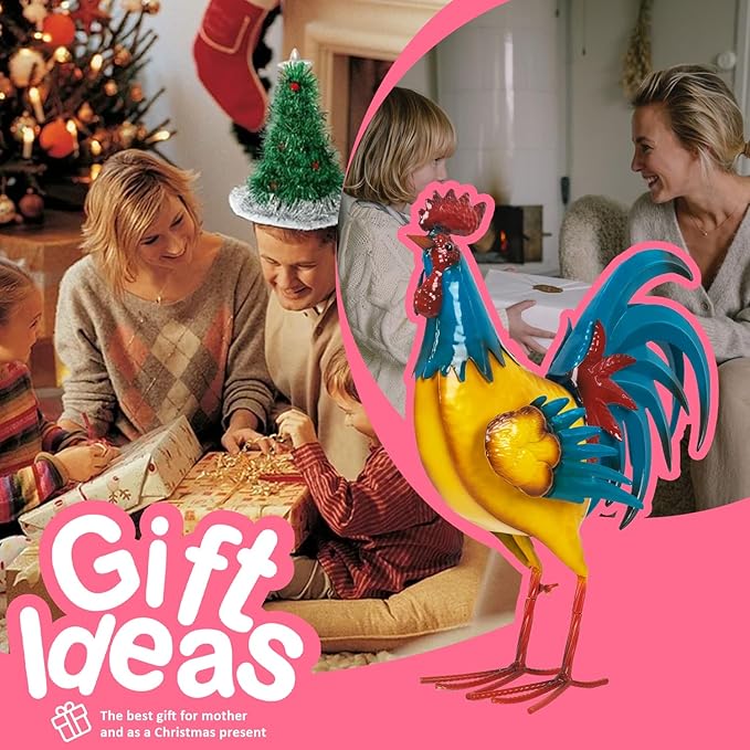 Natelf Rooster Garden Statues Outdoor Decor Metal Chicken Sculpture, Yard Art for Patio, Porch, Backyard-Rustic Farmhouse Decoration Unique Gifts for Mom, Grandma, Garden Lovers