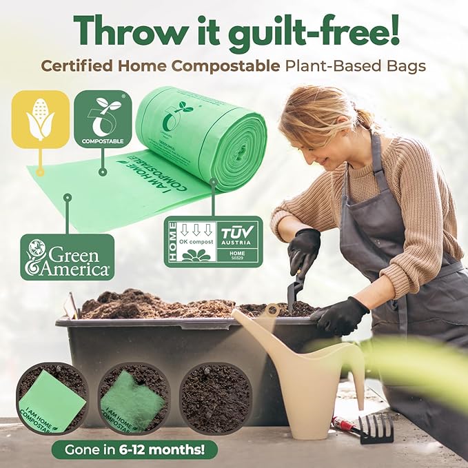 Compost Bags for Countertop Bin -Compostable Trash Bags made of Cornstarch - Leakproof & Tear Resistant Biodegradable Trash Bags - OK Compost Home & Seedlings Certified