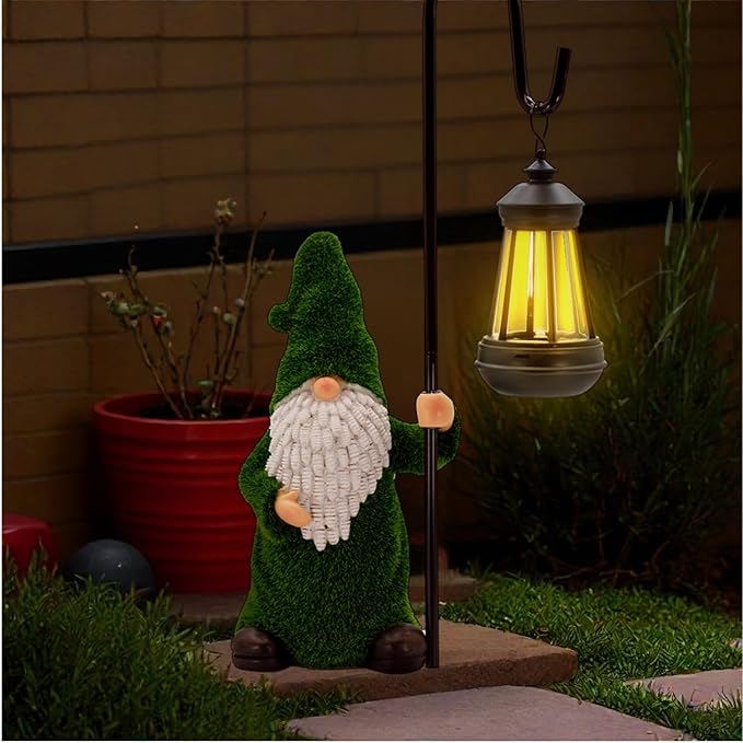 Garden Gnome with Solar Lantern, Grass-Like Flocked Hat, Outdoor Garden Figurine Lights, Unique Gift for Women, Mom, Friends (Green Flocked Gnome)