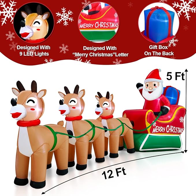 TURNMEON 12 Feet Long Christmas Inflatable Decorations Outdoor LED Lighted Santa Claus on Sleigh Three Reindeer Deer Gift Box Blow up Yard Christmas Decor Outside Lawn Garden Party 12 Stakes 2 Tethers