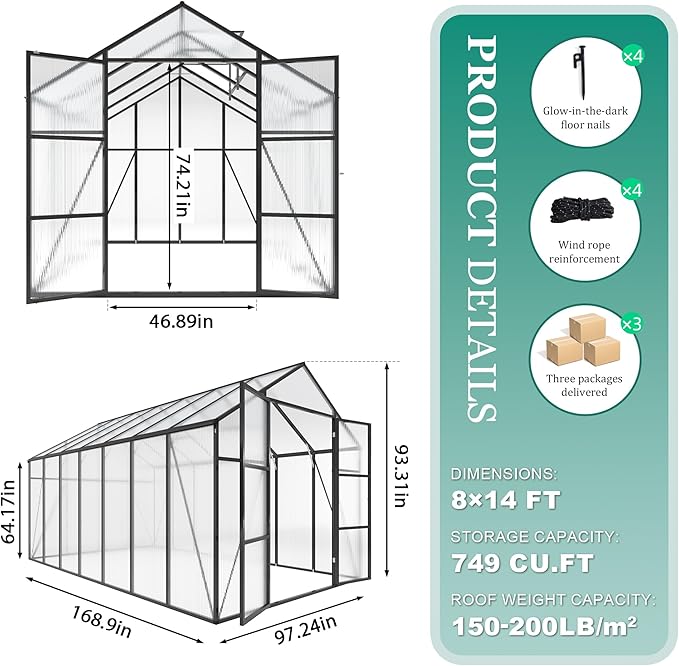 Greenhouse for Outdoors 8x14x7.8FT, Polycarbonate Greenhouse with Stronger Wind Protection and Roof Vent, Walk-in Large Aluminum Sunroom Winter Proof, Black
